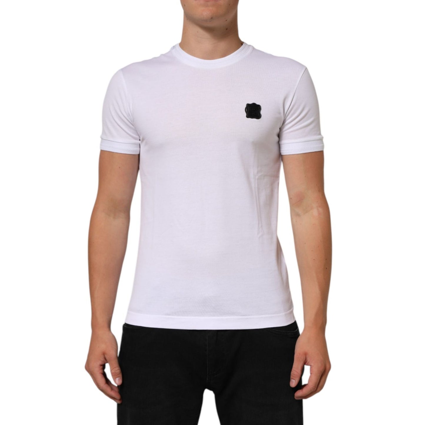 Dolce & Gabbana White Cotton Logo Patch Crew Neck T-shirt
