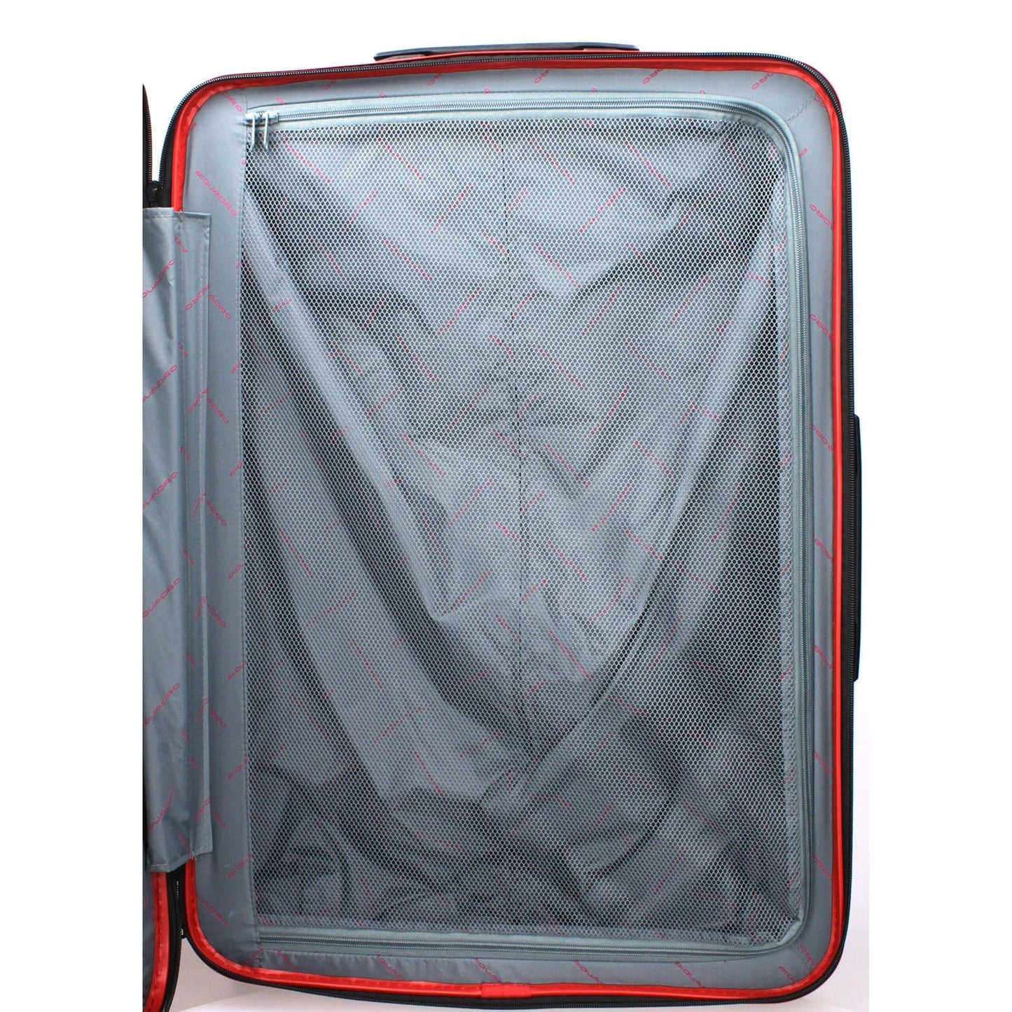 Piquadro Red Polycarbonate Luggage And Travel open view showing interior storage with mesh lining, ideal for organized packing.