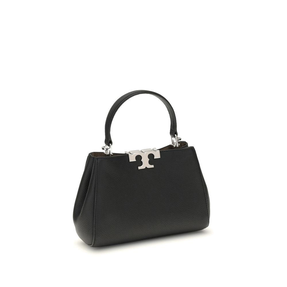 Tory Burch Black Calf Leather Bos Taurus Handbag, Eleanor Mini Satchel with top handle and removable strap, front view on white background.
