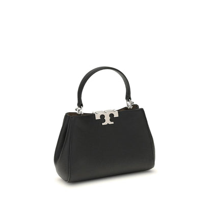 Tory Burch Black Calf Leather Bos Taurus Handbag, Eleanor Mini Satchel with top handle and removable strap, front view on white background.