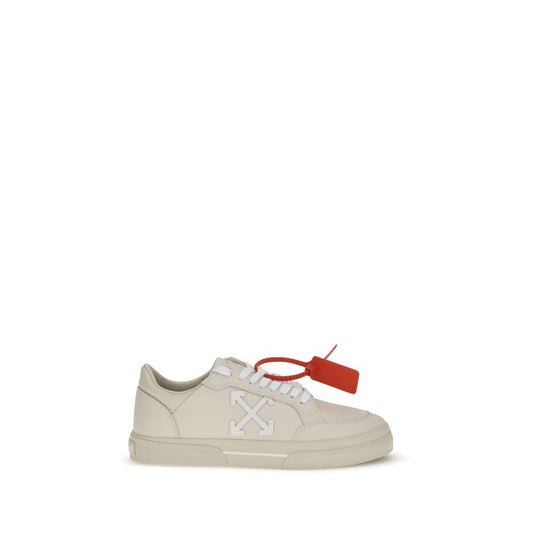 Off-White Beige Leather Low Top Sneakers with iconic Arrow motif and Zip Tie tag, inspired by skate culture.