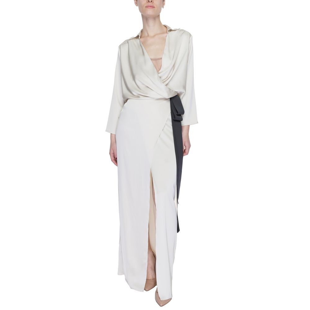 Sandro Ferrone Beige Polyester Long Dress with wrap neckline, long sleeves, and side belt, showcasing elegance and modern style.