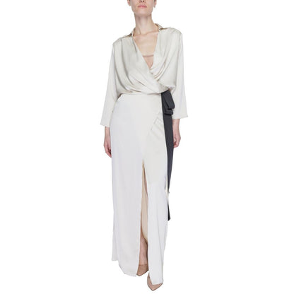 Sandro Ferrone Beige Polyester Long Dress with wrap neckline, long sleeves, and side belt, showcasing elegance and modern style.