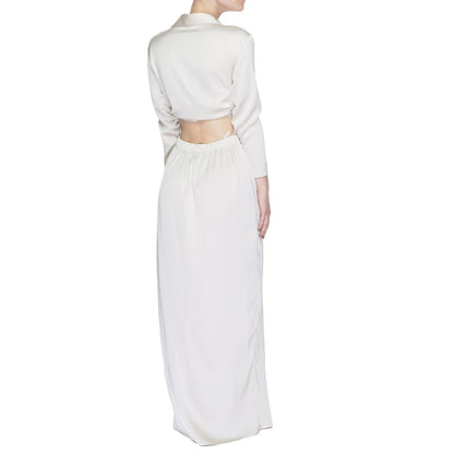 Sandro Ferrone Beige Polyester Long Dress with wrap neckline, long sleeves, and side belt, back view showcasing elegant design.