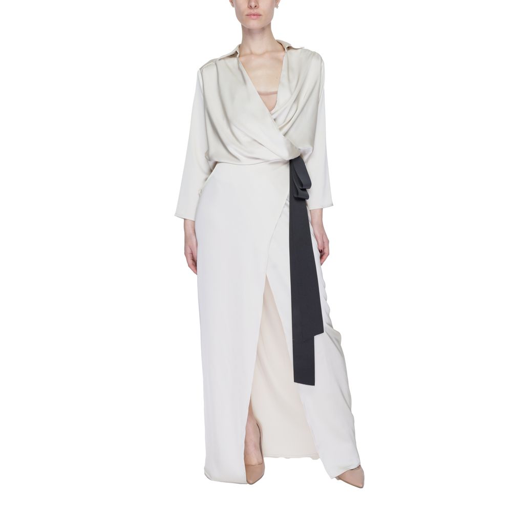 Sandro Ferrone Beige Polyester Long Dress with wrap neckline, long sleeves, and side belt.