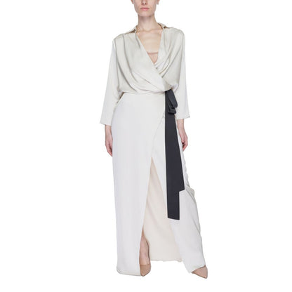 Sandro Ferrone Beige Polyester Long Dress with wrap neckline, long sleeves, and side belt.