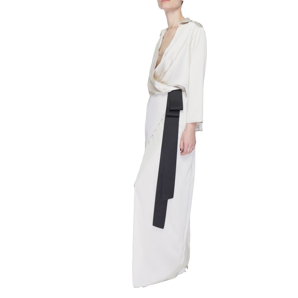 Sandro Ferrone Beige Polyester Long Dress with wrap neckline, long sleeves, and contrasting side belt.