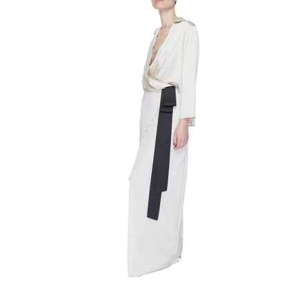 Sandro Ferrone Beige Polyester Long Dress with wrap neckline, long sleeves, and contrasting side belt.