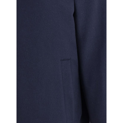 Close-up of Brunello Cucinelli Blue Cashmere Bomber sleeve, showcasing fine stitching and elegant monochrome design for a modern look.
