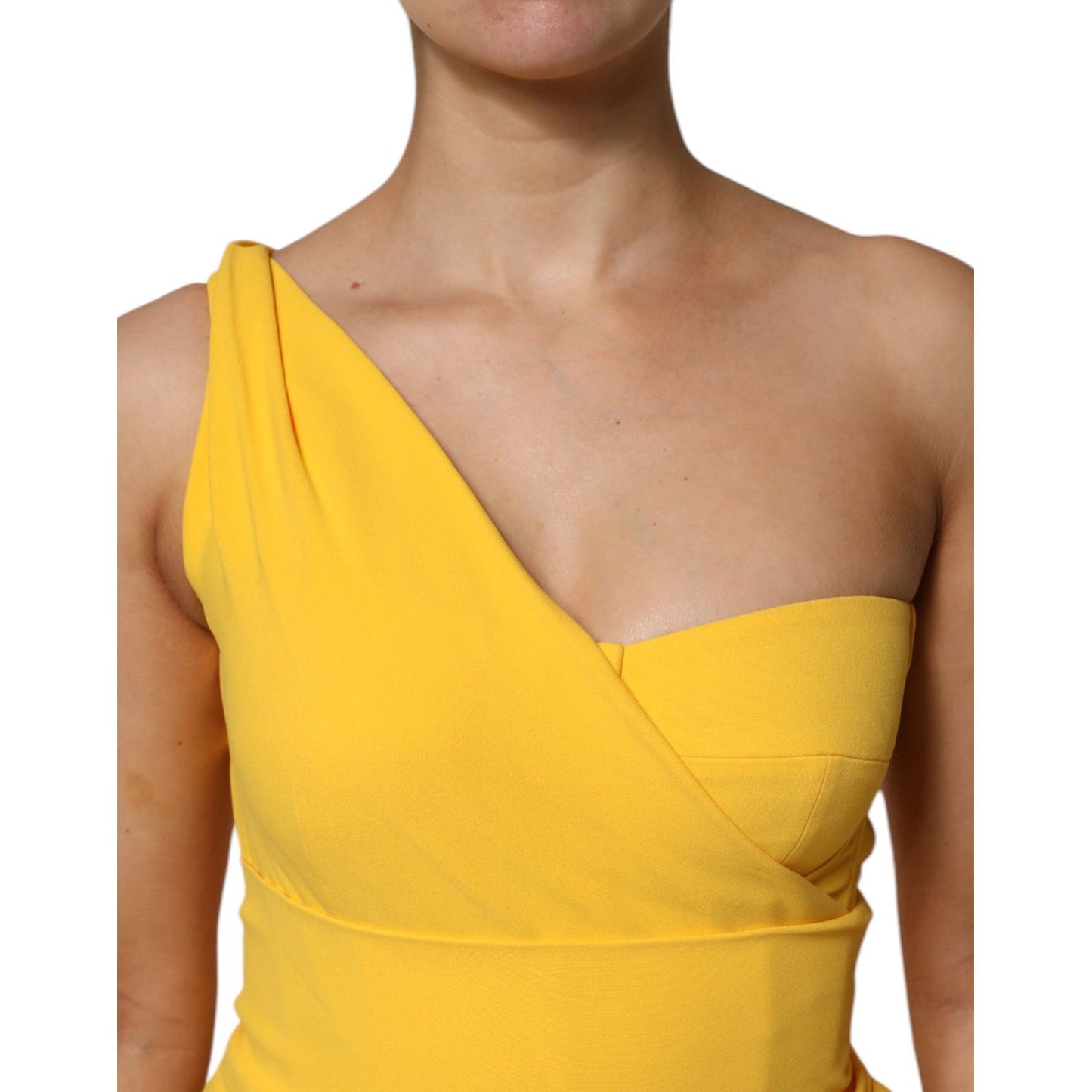 Dolce & Gabbana Yellow One Shoulder Side Slit Sheath Dress with sleek sheath silhouette and bold one-shoulder neckline