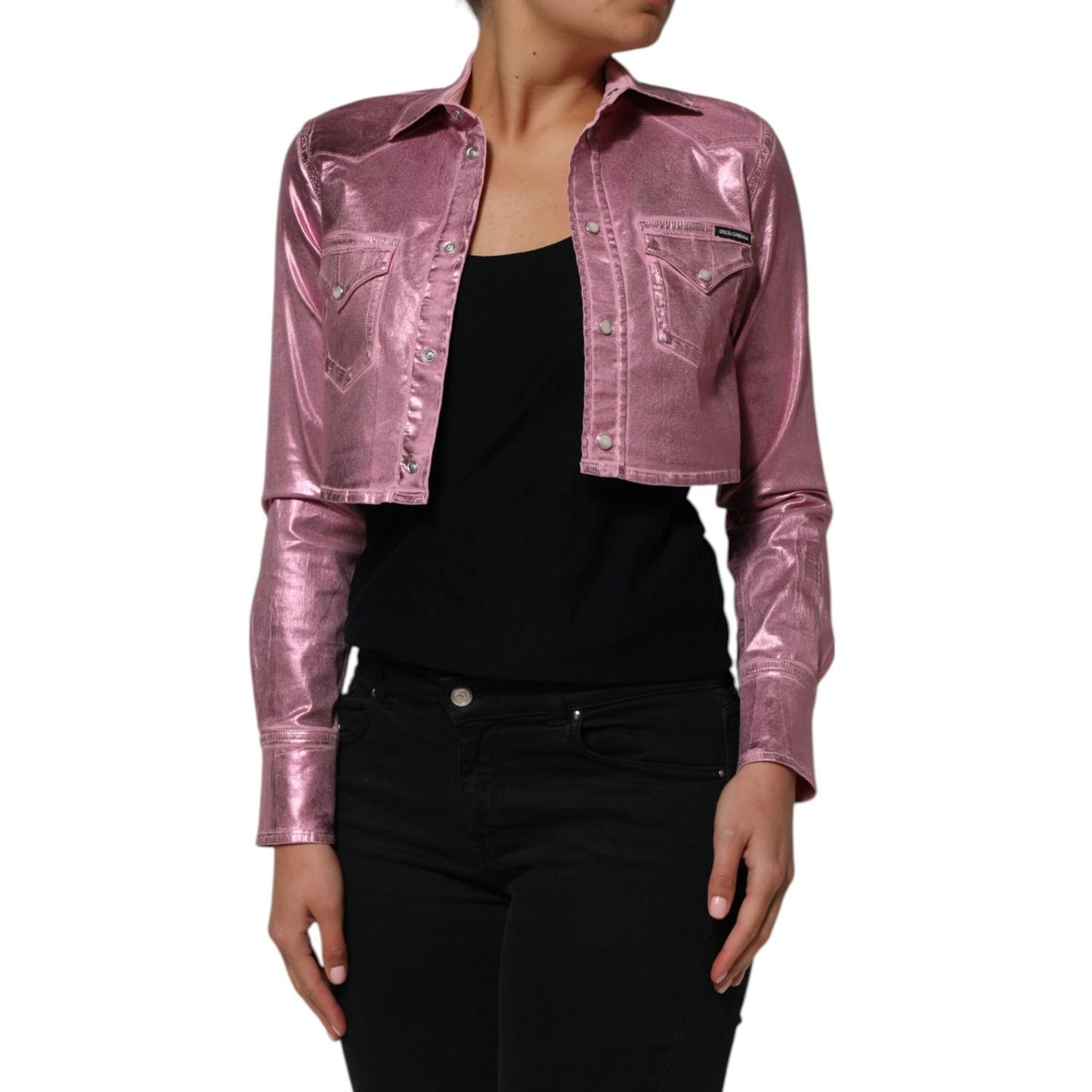 Woman wearing Dolce & Gabbana Pink Cotton Stretch Collared Cropped Jacket with black outfit, showcasing modern chic style.