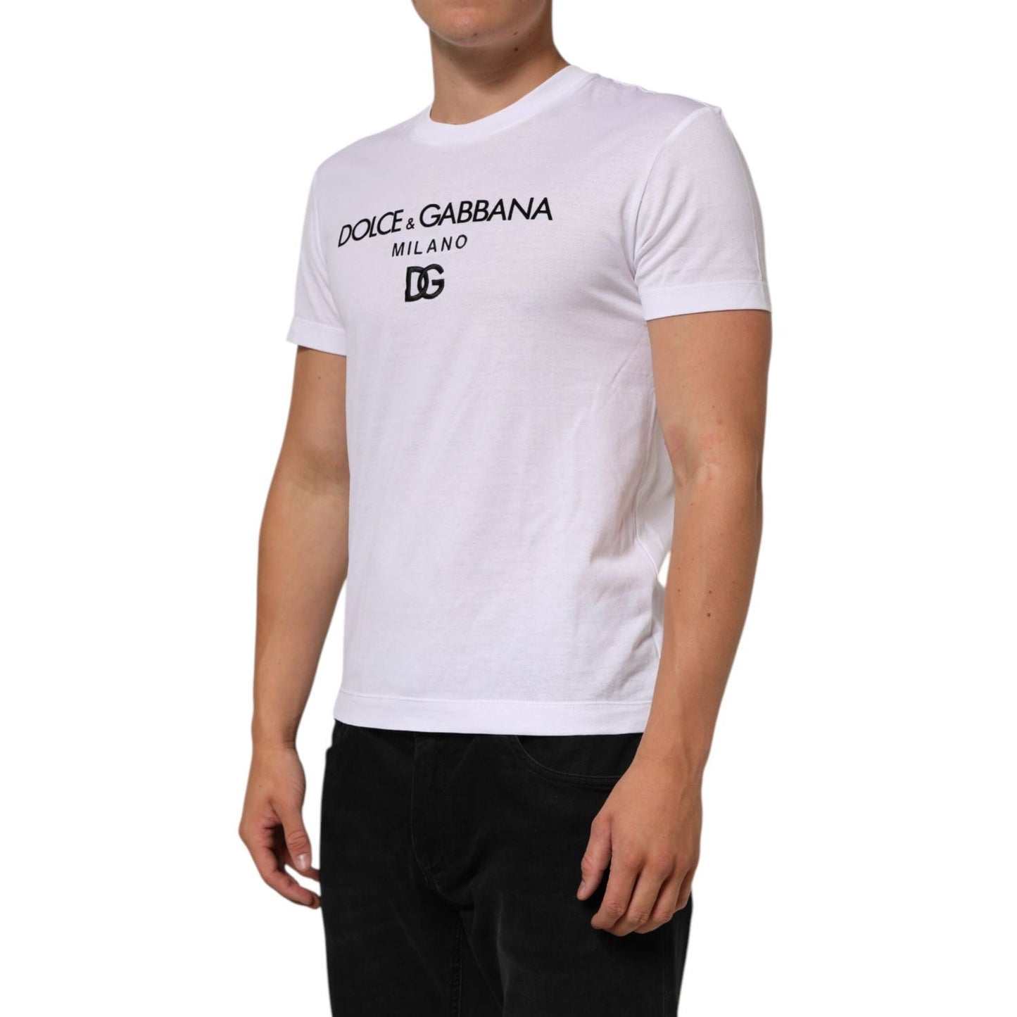 Dolce & Gabbana White Logo Print Cotton Men Crew Neck T-shirt