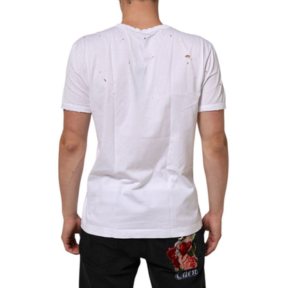 Dolce & Gabbana White Distressed Cotton V Neck Men T-shirt