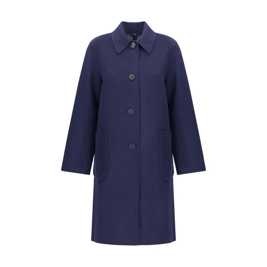 Tory Burch Blue Wool Coat with button closure, reversible design, and T Monogram pattern, perfect for sophisticated layering.