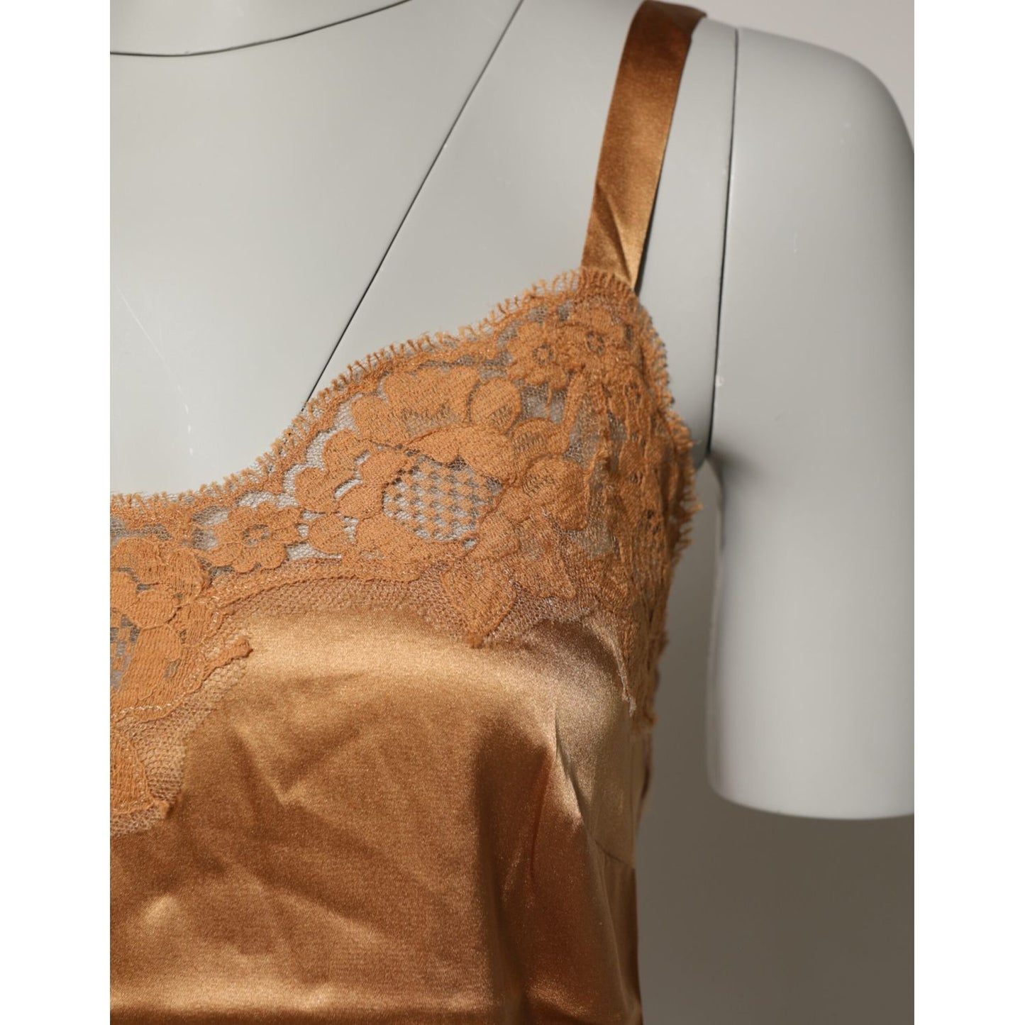 Detailed view of Dolce & Gabbana Brown Floral Lace Silk Satin Tank Lingerie Underwear with lace trim and heart-shaped neckline.