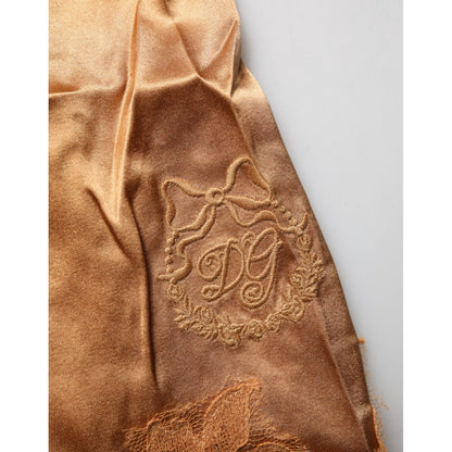 Dolce & Gabbana Brown Floral Lace Silk Satin Tank Lingerie Underwear embroidered logo detail on luxurious brown fabric