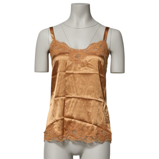 Dolce & Gabbana Brown Floral Lace Silk Satin Tank Lingerie Underwear, sleeveless design with heart-shaped neckline and lace trim.