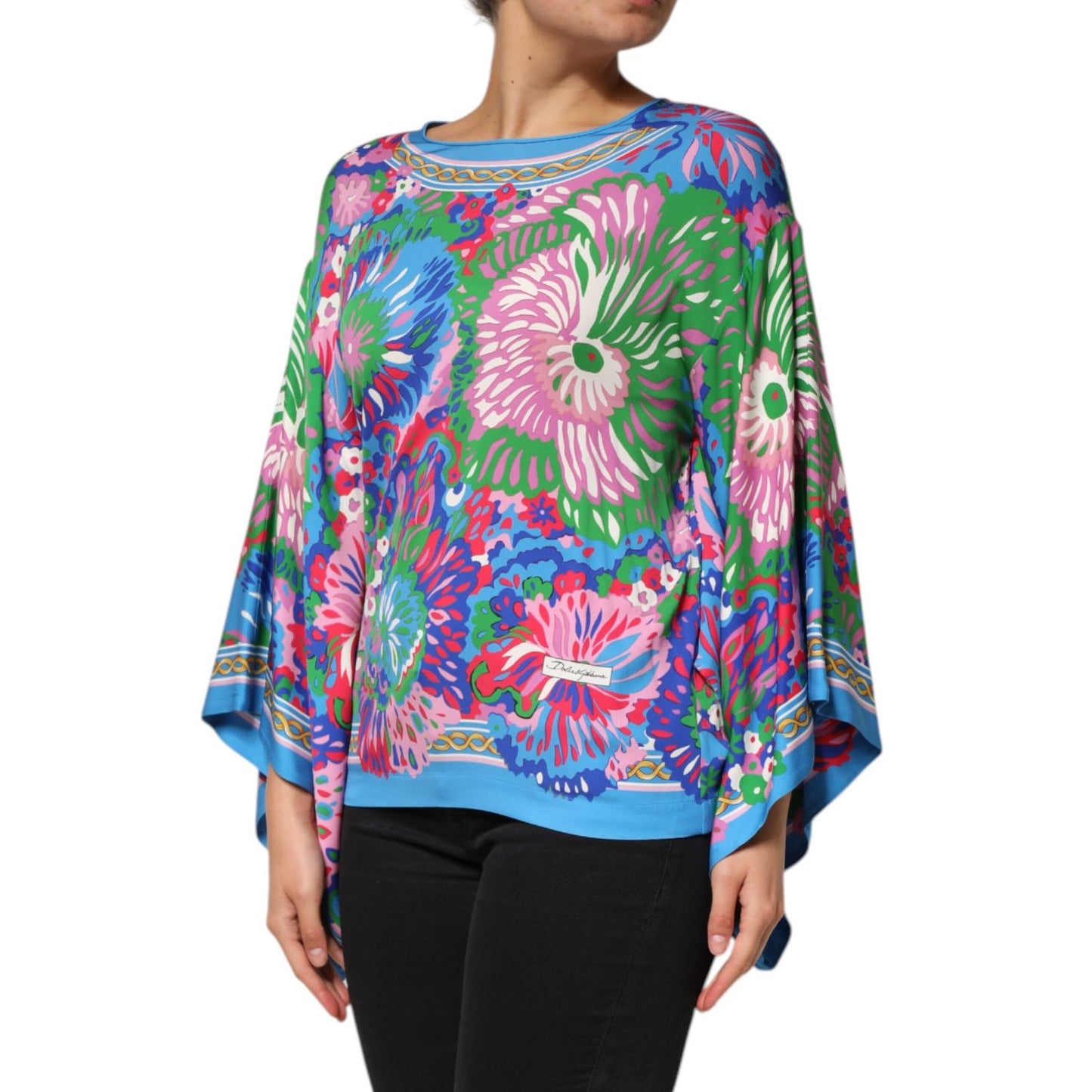 Dolce & Gabbana Multicolor Floral Print Silk Blouse Tunic Top on model, showcasing vibrant colors and elegant design.
