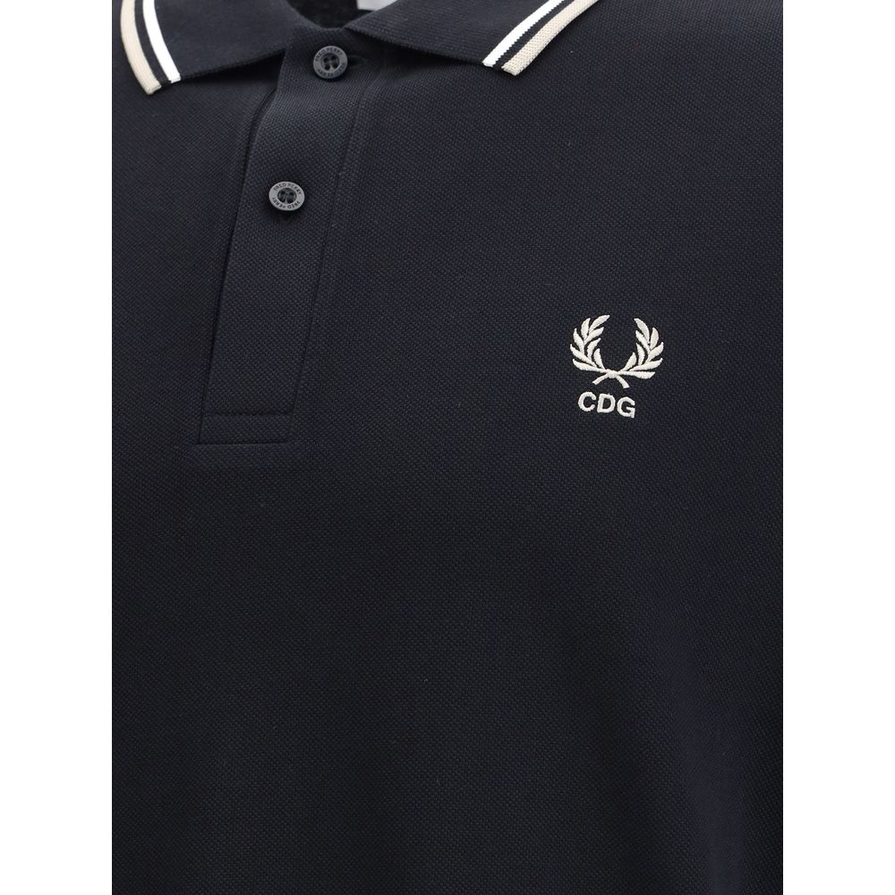 Comme Des Garçons Black Cotton Polo Shirt featuring Fred Perry logo, regular fit, avant-garde styling, and contrasting sleeves.