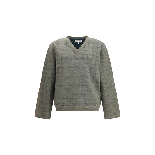 Margiela Green Fleece Wool Sweatshirt with grid pattern and V-neck, perfect for elegant winter style, made from soft fleece wool.