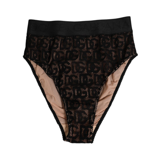 Dolce & Gabbana Black DG Logo Lace High Brief Panty Underwear, high-rise design with lace and DG logo pattern, wide elastic waistband.