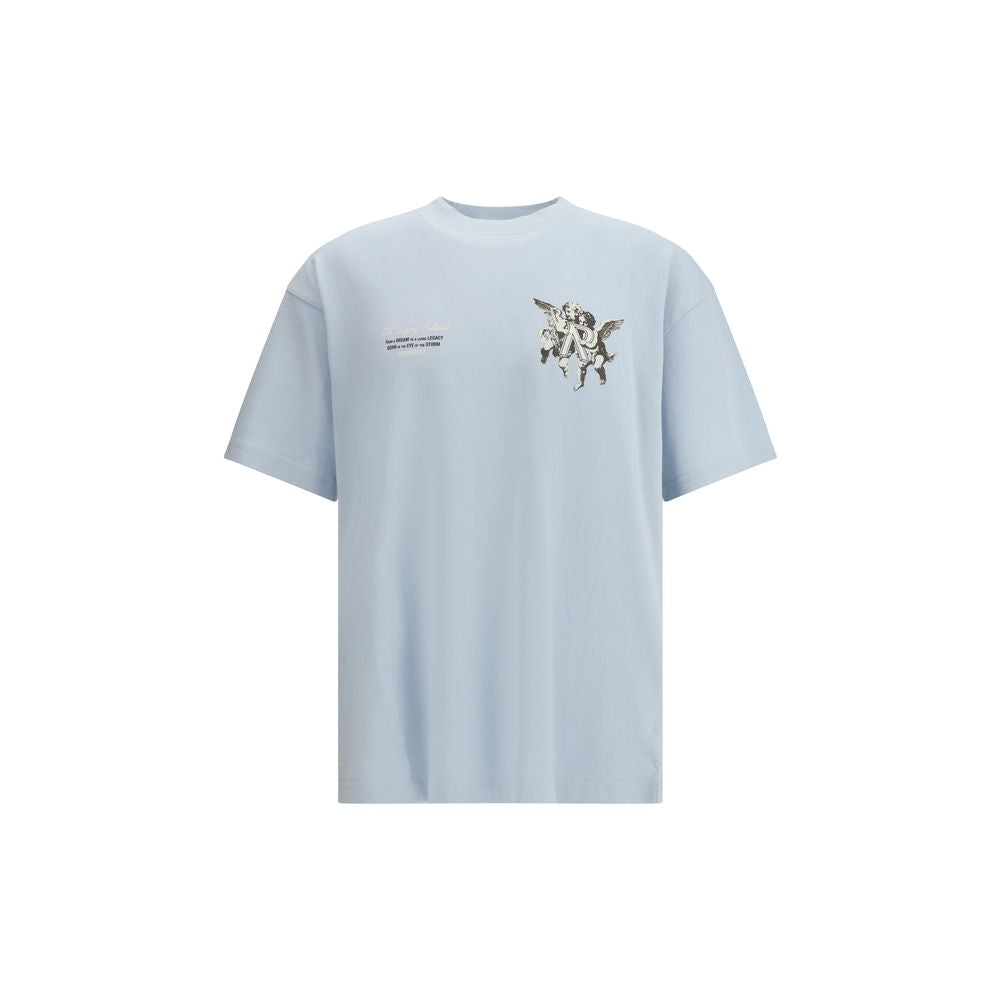 Represent Light Blue Cotton T-Shirt with cherub graphics, ribbed collar, and metal bar detail for stylish AW25 looks.