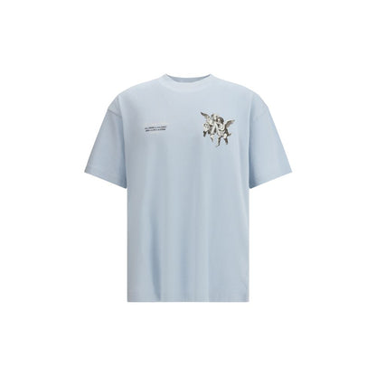 Represent Light Blue Cotton T-Shirt with cherub graphics, ribbed collar, and metal bar detail for stylish AW25 looks.