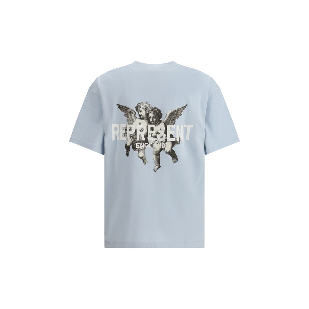 Represent Light Blue Cotton T-Shirt with cherub graphics, oversized fit, ribbed collar, and signature metal bar on hem. Back view.