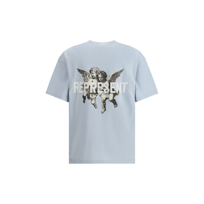 Represent Light Blue Cotton T-Shirt with cherub graphics, oversized fit, ribbed collar, and signature metal bar on hem. Back view.