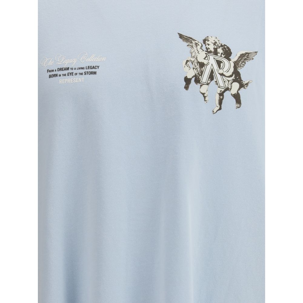 Represent Light Blue Cotton T-Shirt featuring cherub graphics and ribbed collar for a stylish, durable design.
