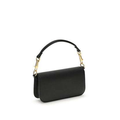 Valentino Garavani Black Calf Leather Bos Taurus Shoulder Bag with chain and top handle, featuring embossed VLogo and magnetic flap closure.