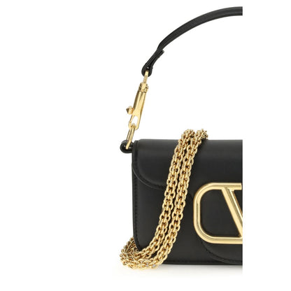 Valentino Garavani Black Calf Leather Bos Taurus Shoulder Bag with gold chain and VLogo plaque