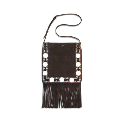 Valentino Garavani Brown Calf Leather Bos Taurus Shoulder Bag with suede, fringes, spherical studs, and an adjustable strap.