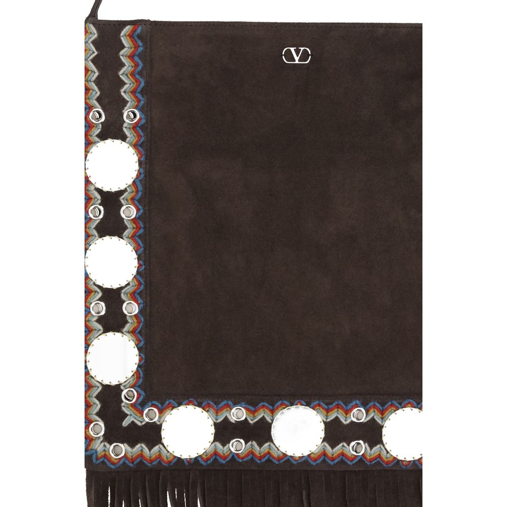 Valentino Garavani Brown Calf Leather Bos Taurus Shoulder Bag with studded trim and fringes on suede, featuring adjustable strap.