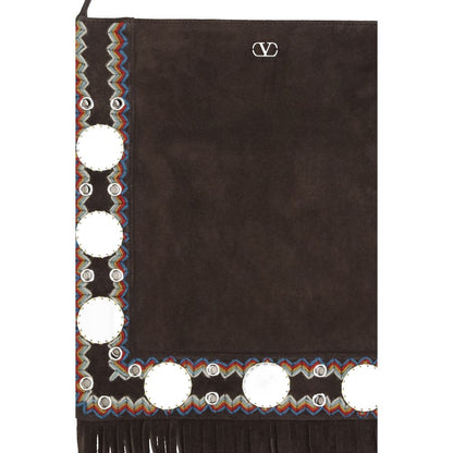 Valentino Garavani Brown Calf Leather Bos Taurus Shoulder Bag with studded trim and fringes on suede, featuring adjustable strap.