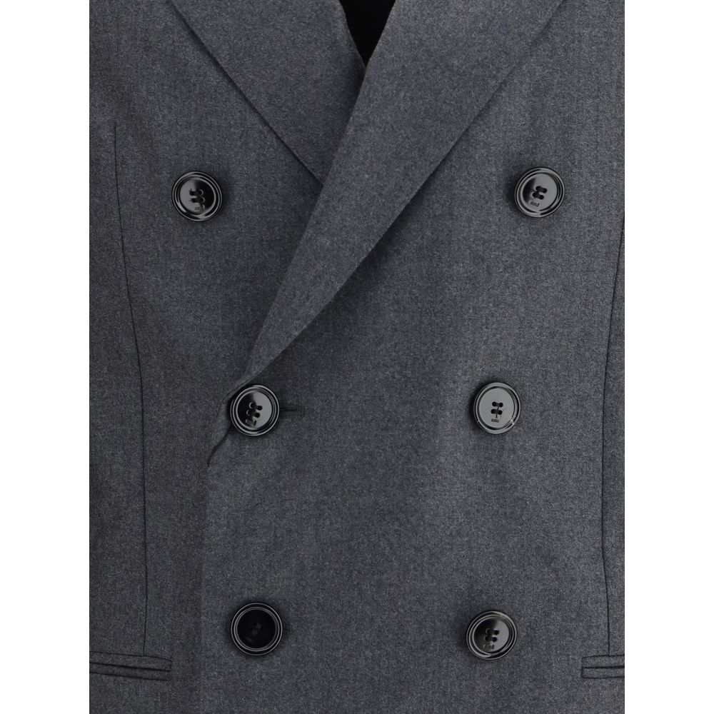 Ami Paris Gray Fleece Wool Blazer with double-breasted design, classic lapels, and button fastening in anthracite wool.