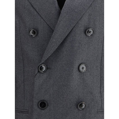 Ami Paris Gray Fleece Wool Blazer with double-breasted design, classic lapels, and button fastening in anthracite wool.