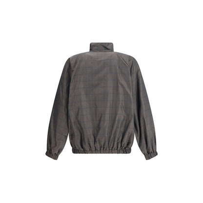 Balenciaga Brown Cotton Shell Jacket with high collar, oversized fit, and embroidered logo, featuring checked cotton-linen blend.