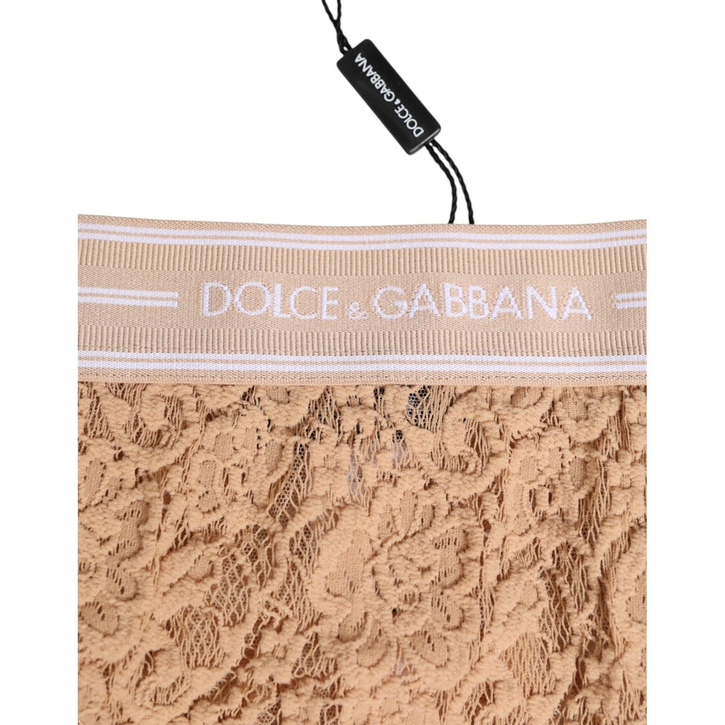 Dolce & Gabbana Beige Lace Nylon High Waist Panty Underwear with logo waistband and delicate lace detailing, made in Italy.
