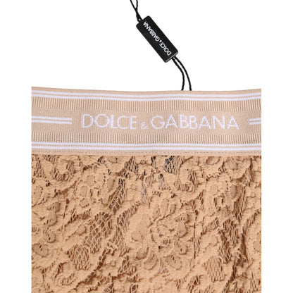 Dolce & Gabbana Beige Lace Nylon High Waist Panty Underwear with logo waistband and delicate lace detailing, made in Italy.