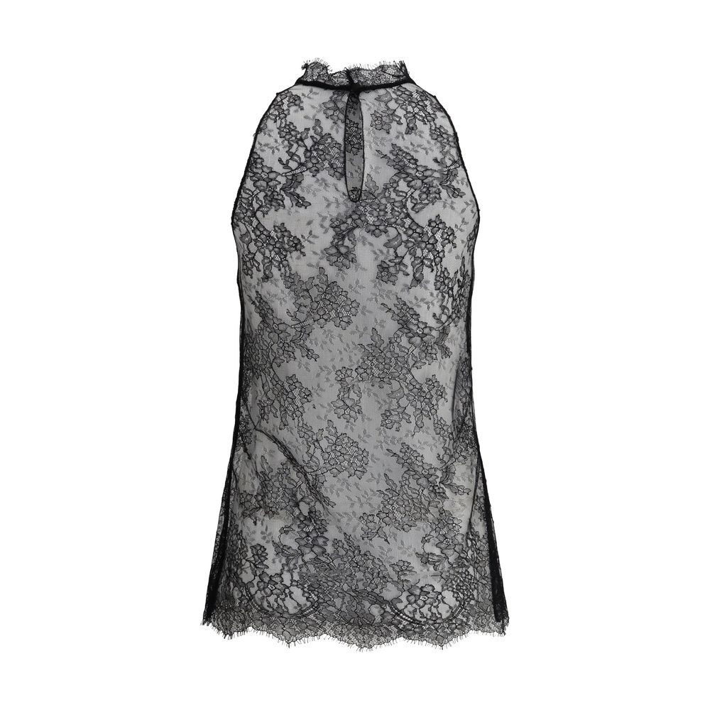 Alexander McQueen Black Polyamide Top with lace, sleeveless design, button closure at neck, and stand-up collar for elegant looks.