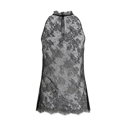 Alexander McQueen Black Polyamide Top with lace, sleeveless design, button closure at neck, and stand-up collar for elegant looks.