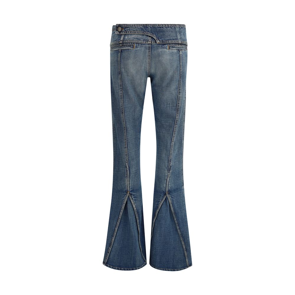 Coperni Blue Polyester Flared Jeans with front pockets, zip closure, and back slits showing Y2K-inspired flare and urban style.