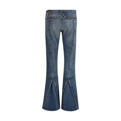 Coperni Blue Polyester Flared Jeans with front pockets, zip closure, and back slits showing Y2K-inspired flare and urban style.
