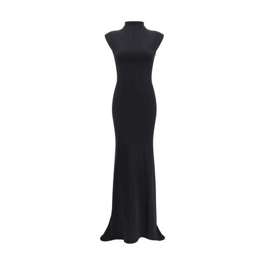 Jacquemus Black Viscose Cocktail Dress with high neckline, cap sleeves, and ruched back detailing, perfect for formal occasions.