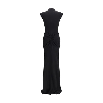 Back view of Jacquemus Black Viscose Cocktail Dress featuring ruched detailing and floor-length design, ideal for elegant formal occasions.