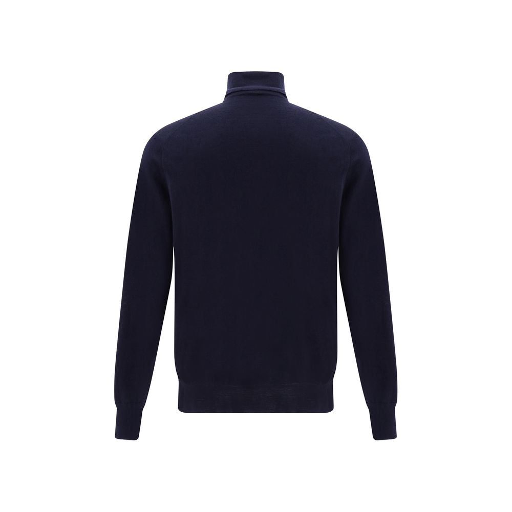 Back view of Brunello Cucinelli Blue Cashmere Cashmere Sweater showcasing premium turtleneck design for elegant style.