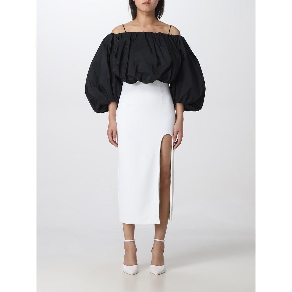 PINKO White Polyester Midi Skirt with thigh slit, size 42, showing front view on model, elegant design for stylish occasions.