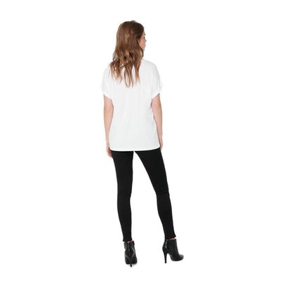 Woman wearing Only White Polyester T-Shirt with scoop neck and rolled sleeves, rear view