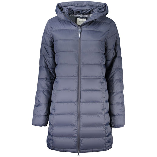 Blue puffer jacket with a hood on a white background